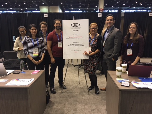 (From L-R) Lauren Williams, Yelda Semizer, Hayden Schill, and Jeremy Wolfe at last year’s Medical Image Perception Lab in Chicago. Illinois. The group of researchers collected data from 172 radiologists at the 2016 Radiological Society of North America meeting. (Photo by Todd Horowitz)