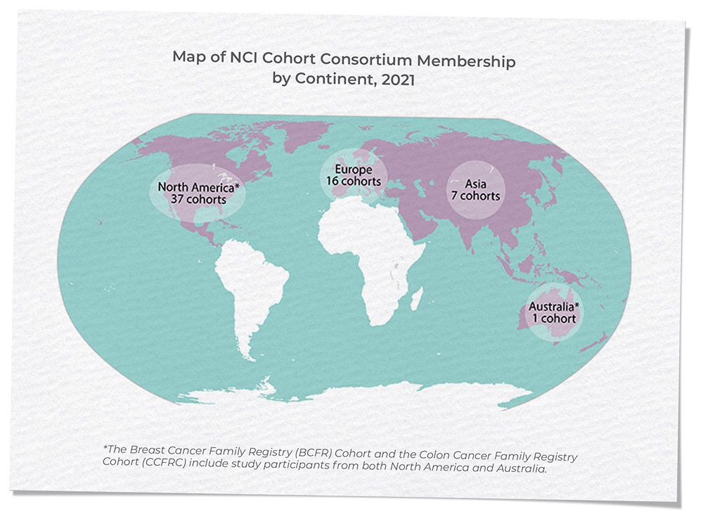 Title: 'Map of NCI Cohort Consortium Membership by Continent in 2021'. The visual includes a map of globe that shows all continents with North America, Europe, Asia, and Australia highlighted in purple. North America has 37 cohorts, Europe has 16 cohorts, Asia has 7 cohorts, and Australia has 1 cohort. North America and Australia include a note that reads: 'The Breast Cancer Family Registry (BCFR) Cohort and the Colon Cancer Family Registry Cohort (CCFRC) include study participants from both North America and Australia'.