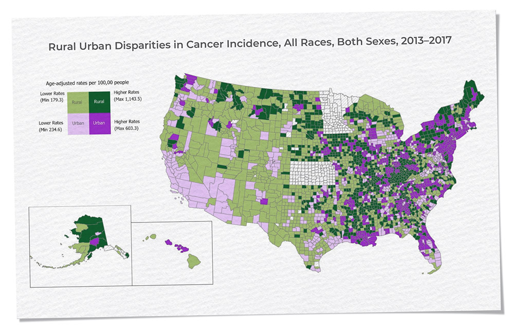Title: 'Rural Urban Disparities in Cancer Incidence, All Races, Both Sexes, 2013-2017'. The visual includes a map of the United States showing age-adjusted rates of cancer incidence per 100,000 people. Map is split into rural areas with lower rates (minimum 179.3) and higher rates (maximum 1,143.5) and Urban areas with lower rates (minimum 234.6) and higher rates (maximum 603.3).