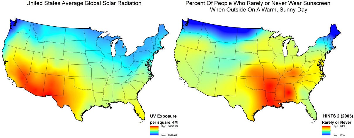 United States Average Global Solar Radiation / Percent of People Who Rarely or Never Wear Sunscreen When Outside On A Warm, Sunny Day