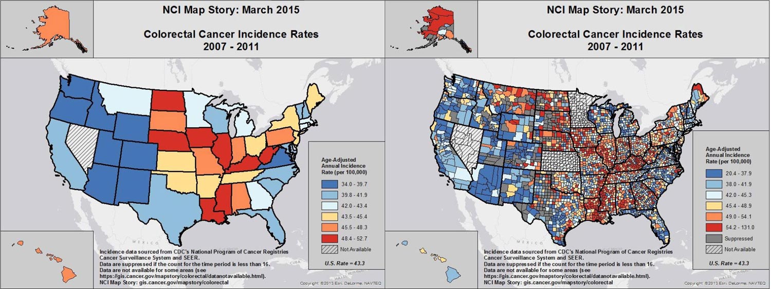 NCI Map Story: March 2015. Colorectal Cancer Incidence Rates 2007-2011