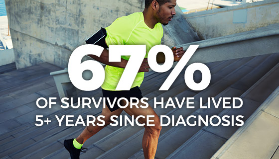 Man in activewear running up steps with text “67 percent of survivors have lived 5+ years since diagnosis”