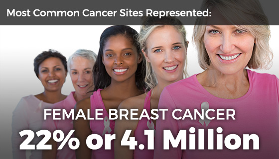 Five women of diverse ages wearing pink and standing in a line with text “Most common cancer sites represented: Female breast cancer 23 percent or 4.1 million.”