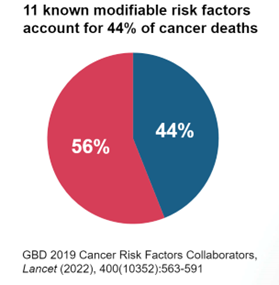 11 known modifiable risk factors account for 44% of cancer deaths. Pie chart with 56% in red and 44% in blue. GBD 2019 Cancer Risk Factors Collaborators, Lancet (2022), 400(10352):563-591