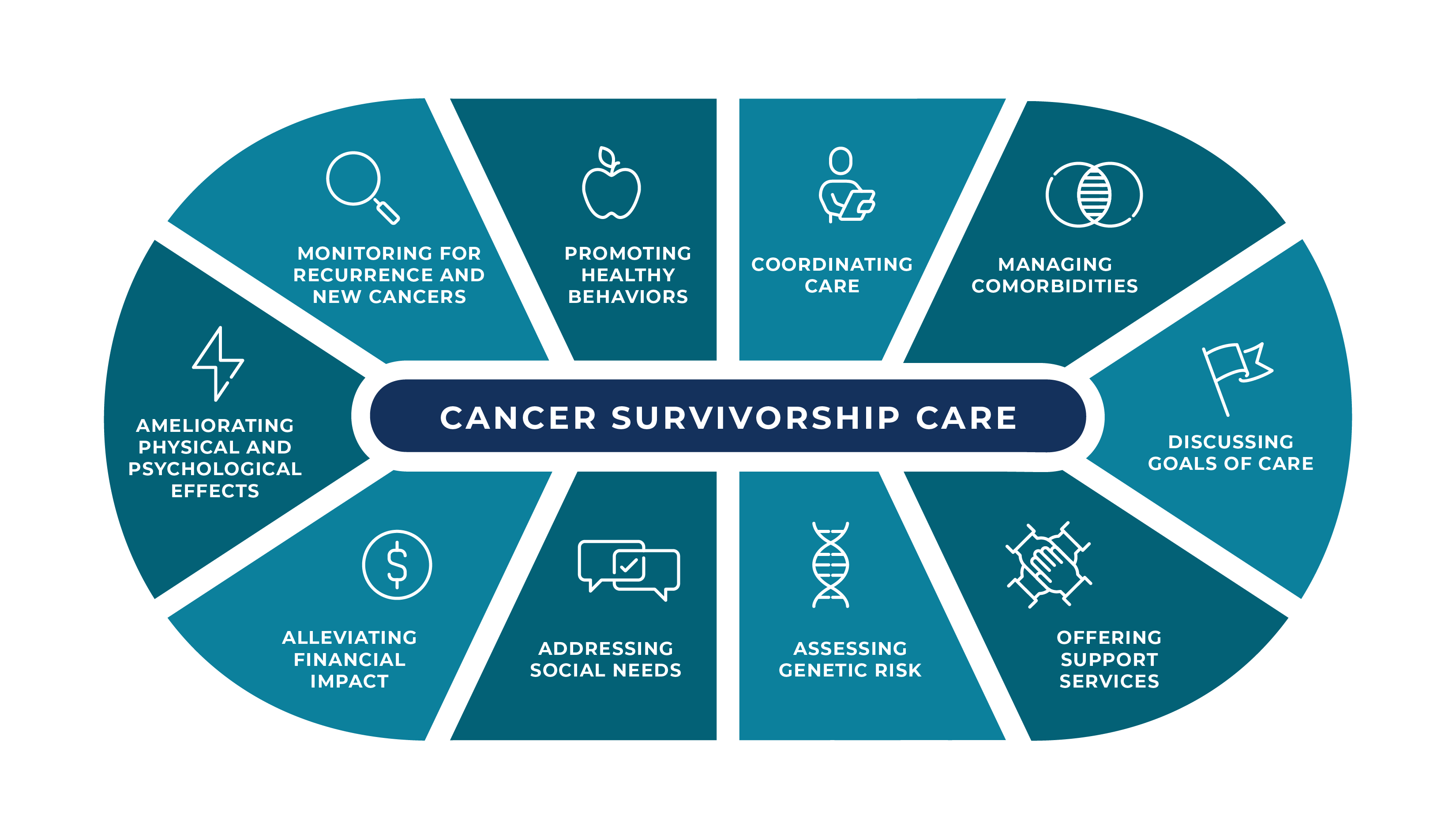 Cancer Survivorship Care graphic illustrating the key components such as monitoring for recurrence and new cancers, promoting healthy behaviors, coordinating care, managing comorbidities, discussing goals of care, alleviating financial impact, ameliorating physical and psychological effects, addressing social needs, assessing genetic risk, and offering support services.