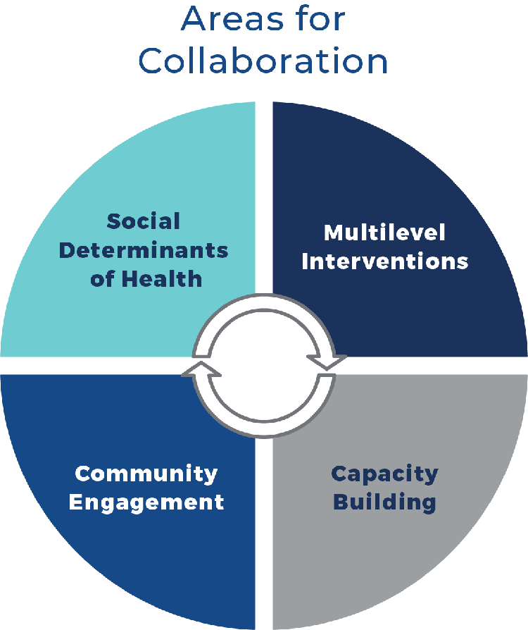 Areas for Collaboration circle chart with an arrow on the inside. Social Determinants of Health, Multi-Level Interventions, Capacity Building, Community Engagement. 