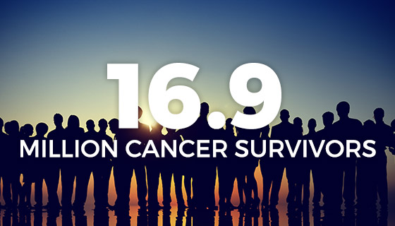 Silhouette of a group of people with text saying “16.9 million cancer survivors.”