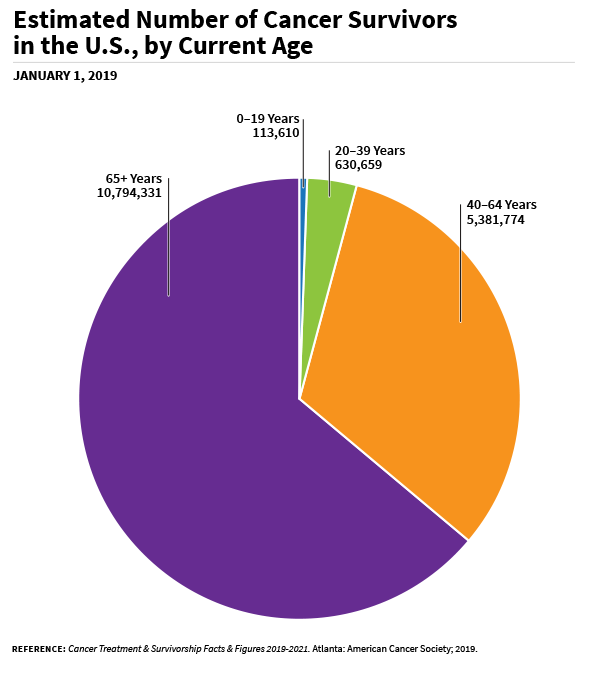 Pie chart of cancer survivors in the United States by current age as of January 1st 2019. Four sections show 113,610 survivors aged 0 to 19 years, 630,659 survivors aged 20 to 39 years, 5,381,774 survivors aged 40 to 64 years, and 10,794,331 survivors aged 65 plus years.