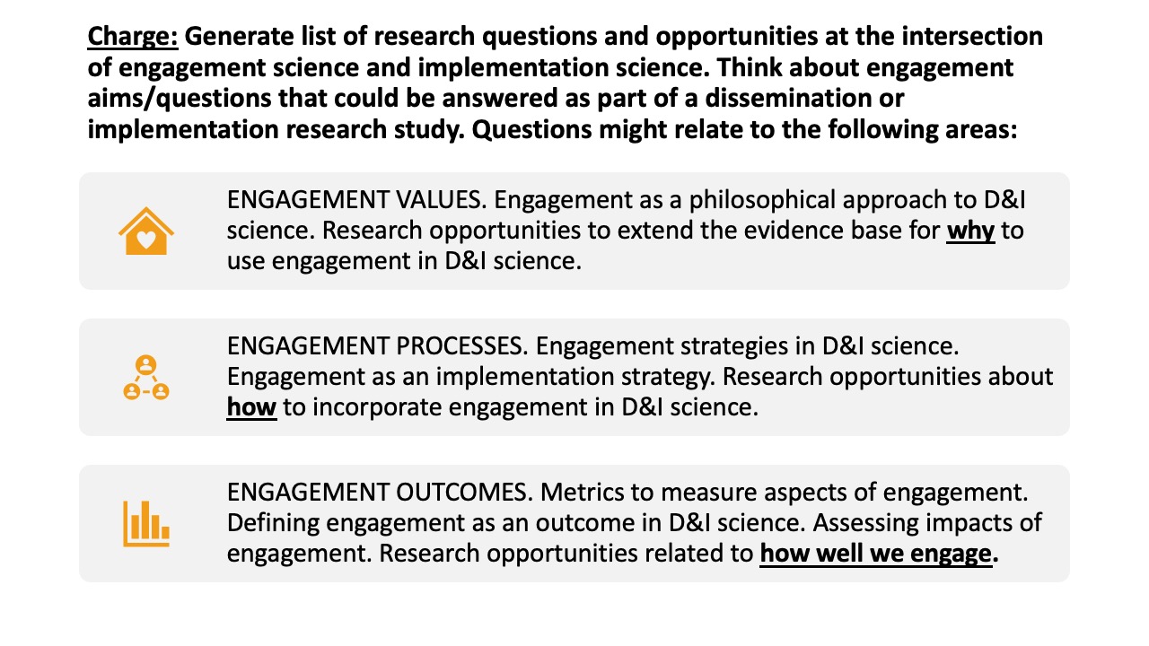 Charge: Generate list of research questions and opportunities at the intersection of engagement science and implementation science. Think about engagement aims/questions that could be answered as part of a dissemination or implementation research study. Questions might relate to the following areas: Engagement Values. Engagement as a philosophical approach to D&I science. Research opportunities to extend the evidence base for why to use engagement in D&I science. Engagement Processes. Engagement strategies in D&I science. Engagement as an implementation strategy. Research opportunities about how to incorporate engagement in D&I science.  Engagement Outcomes. Metrics to measure aspects of engagement. Defining engagement as an outcome in D&I science. Assessing impacts of engagement. Research opportunities related to how well we engage.